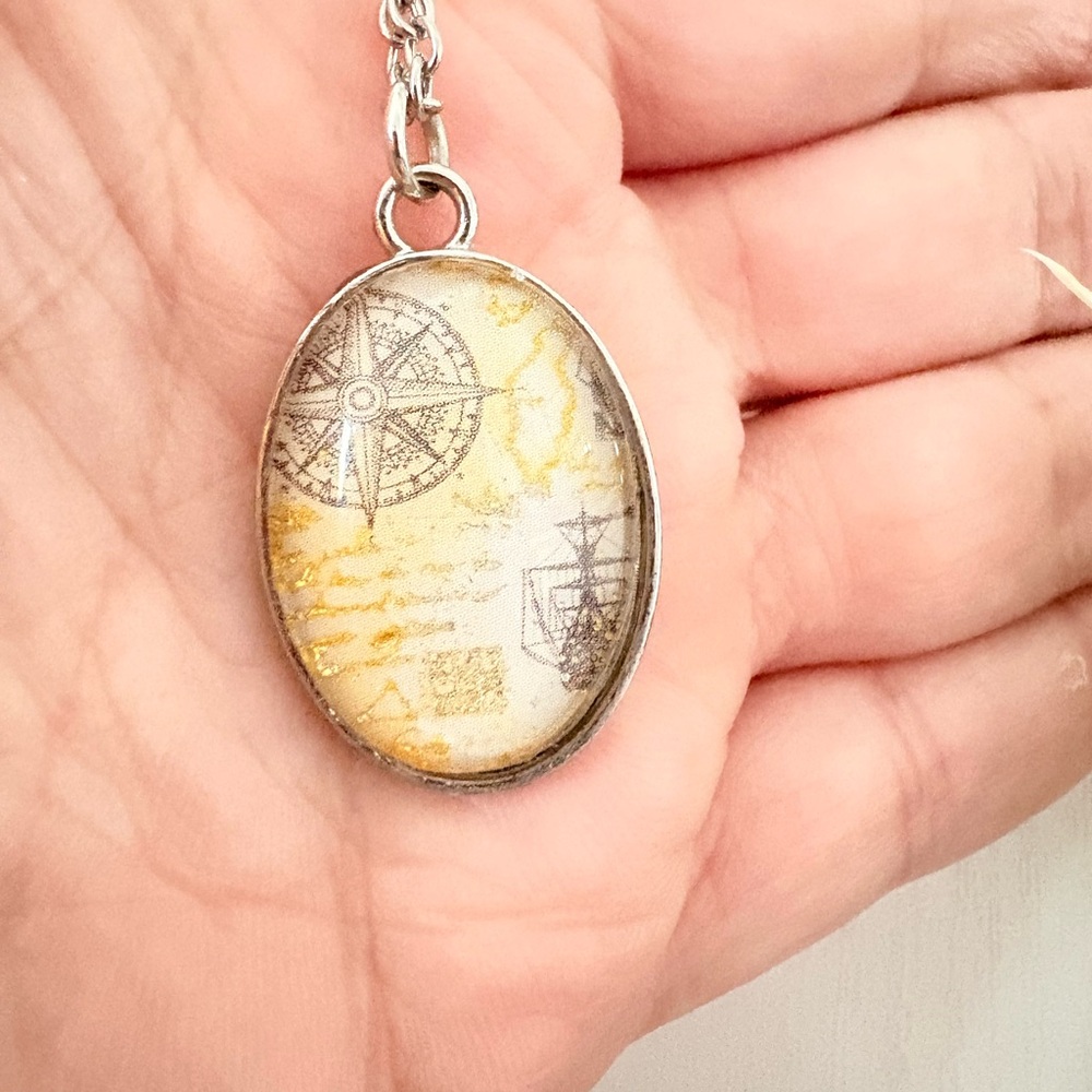 Hand Crafted Yellow and Silver Nautical Compass Pendant Necklace